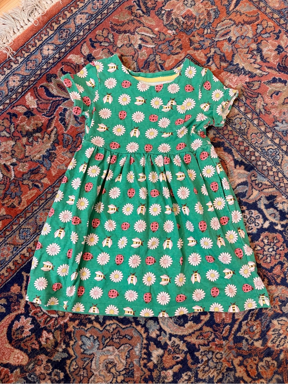 Mini Boden Green Daisy & Ladybug Cotton Dress - size 4-5
